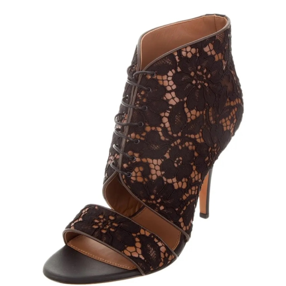 GIVENCHY LACE AND LEATHER PEEP-TOE BOOTIES BLACK LACE OVERLAY, COVERED HEELS